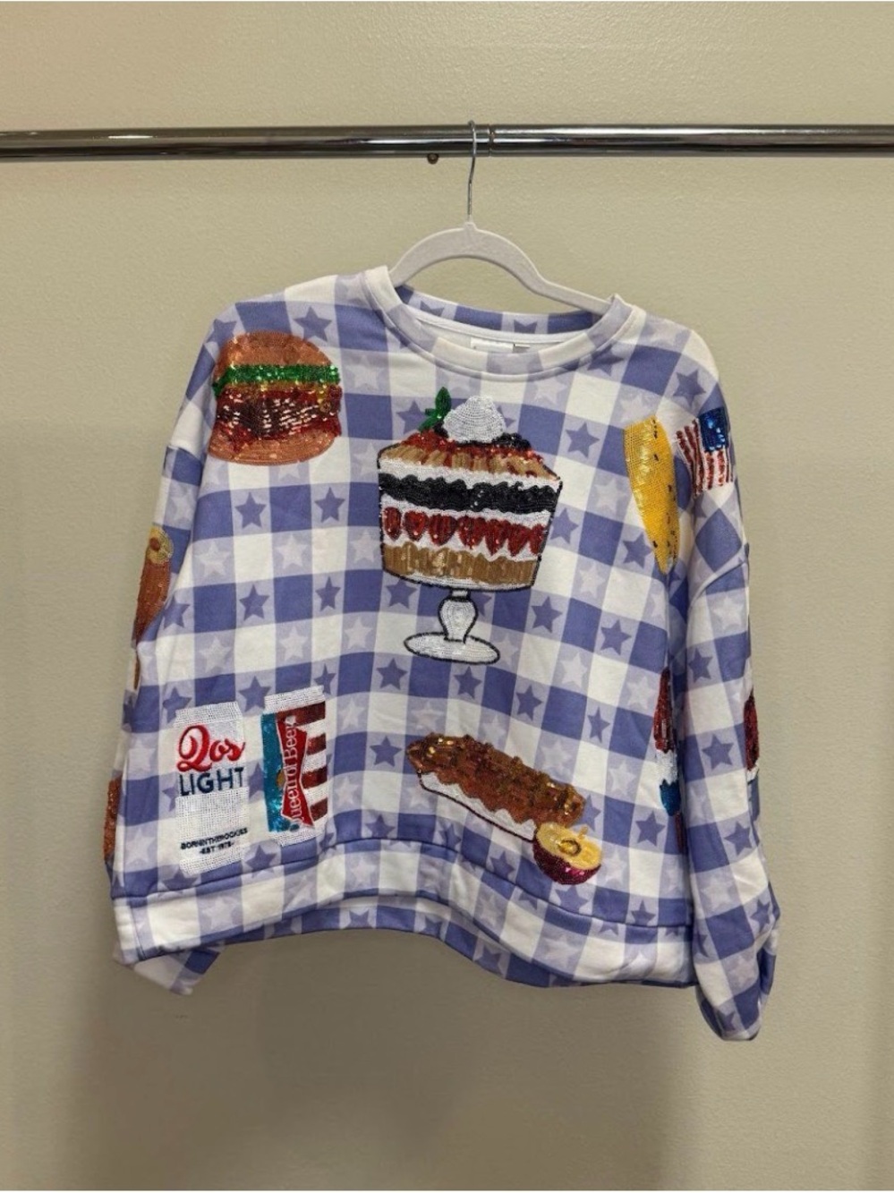 QUEEN OF SPARKLES Purple Gingham Sequin Food Applique Sweatshirt
